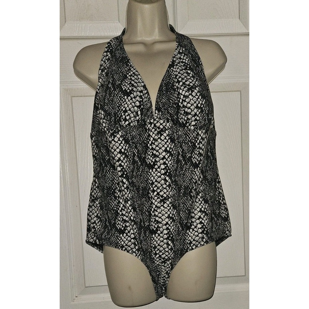 CATALINA Womens XL 16W One Piece Halter Swimsuit Black White Reptile Resort